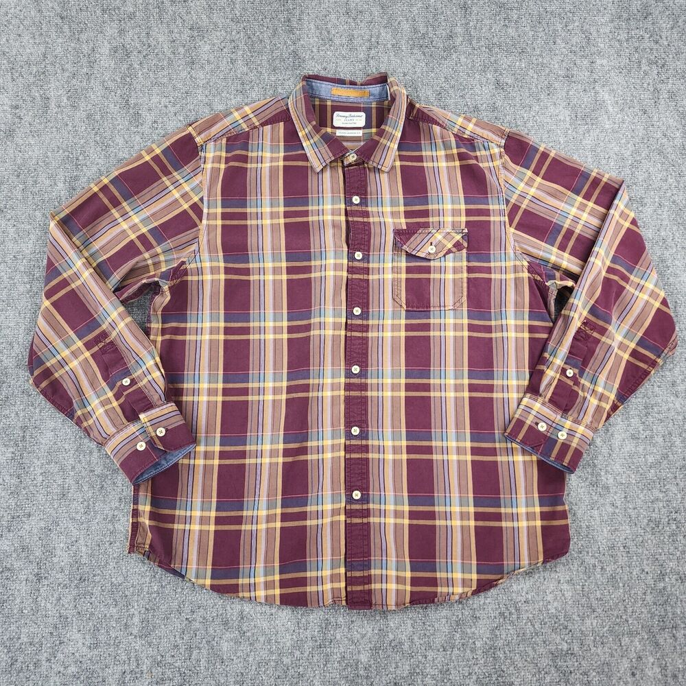 Tommy Bahama Shirt Mens XL Red Maroon Plaid Island Modern Long Sleeve Button Up